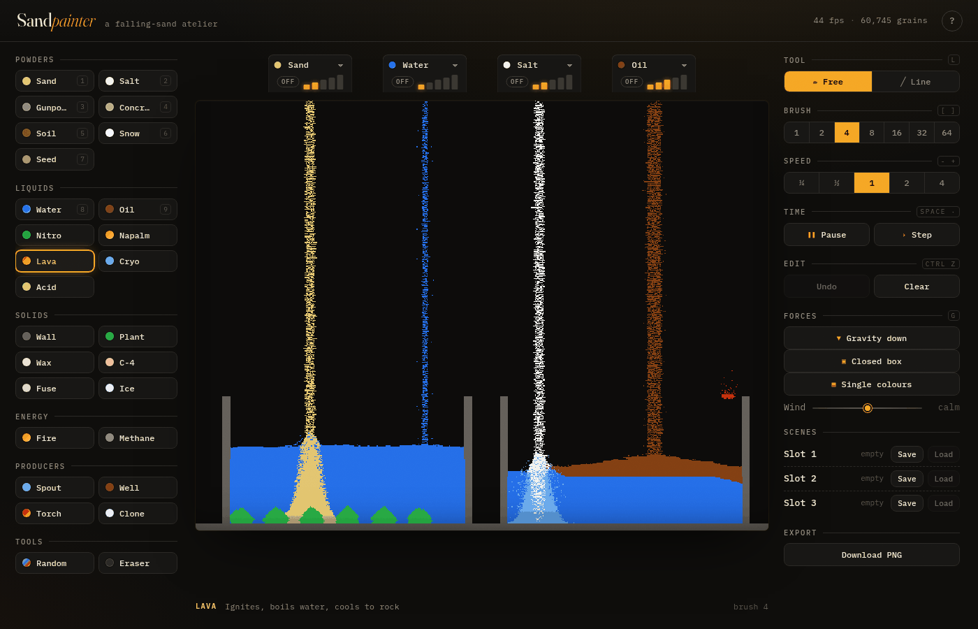 The game: elements to pick on the left, four spigots pouring sand, water, salt and oil into two pools, controls on the right